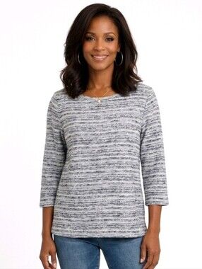 Ann Taylor Loft Multi Color Striped Tweed Bateau Neck 3/4 Sleeve Sweater Size XS